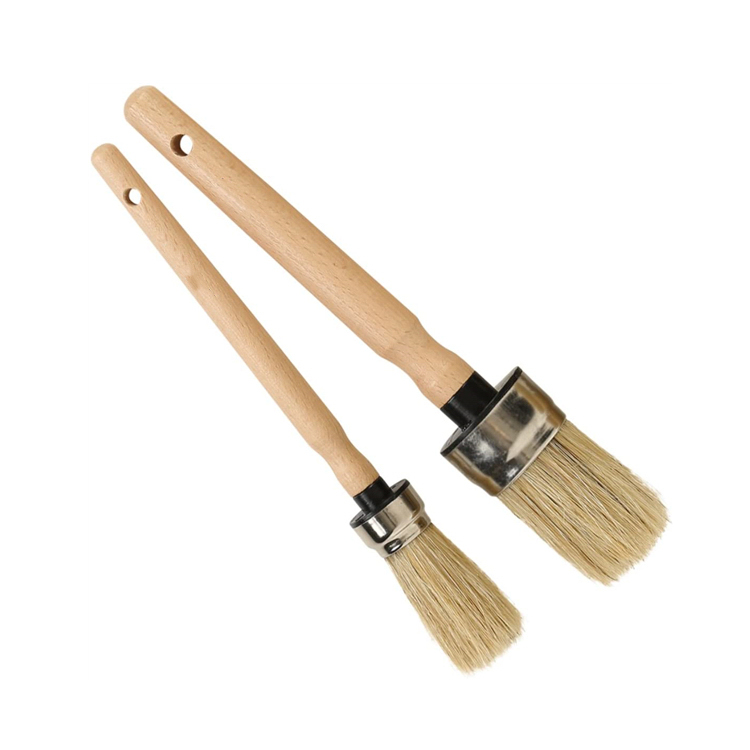 Brosse circulaire en poils de sanglier naturel Brosse de détail de voiture Pinceau à tête ronde avec manche en bois verni