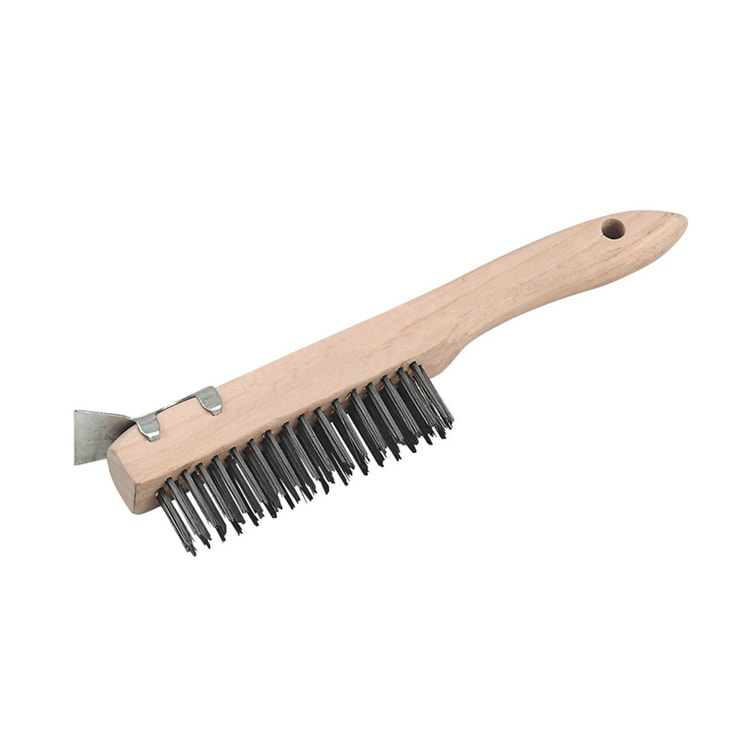 Brosse en fil d'acier à manche en bois 4X16 rangées en acier inoxydable brosse à gratter en fil noir droit avec Mini grattoir pour le nettoyage